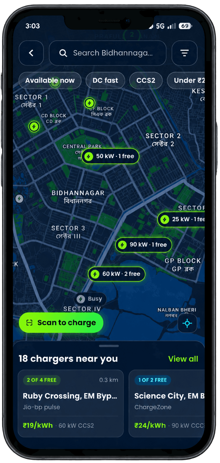 ATev app showing every charger near you on one map, with live availability