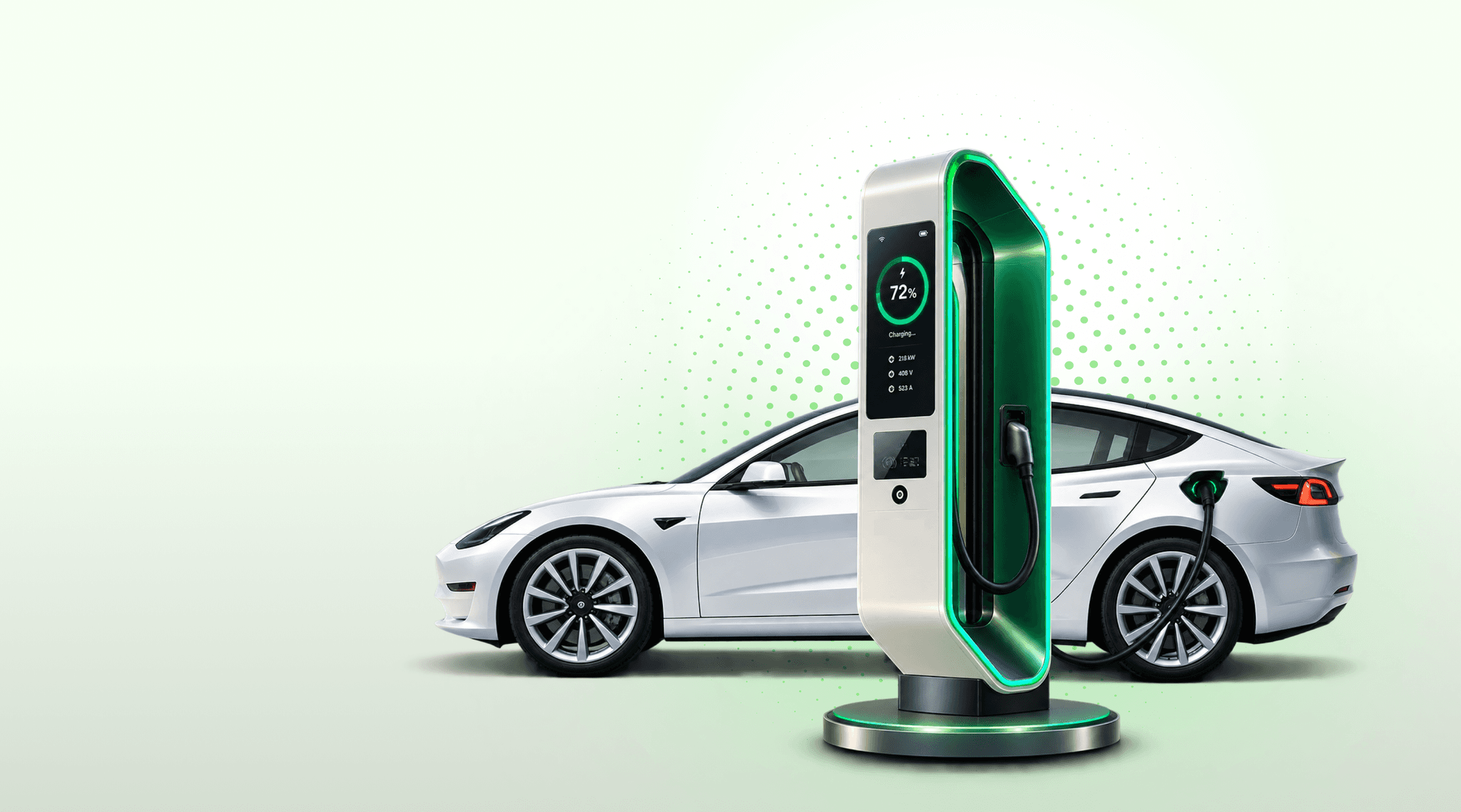 An electric car charging at a fast charger, the display reading 72 per cent