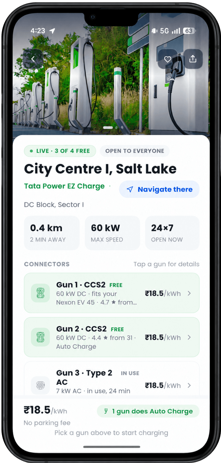 Station detail: live availability per gun, speed and price, with the session started from the same screen
