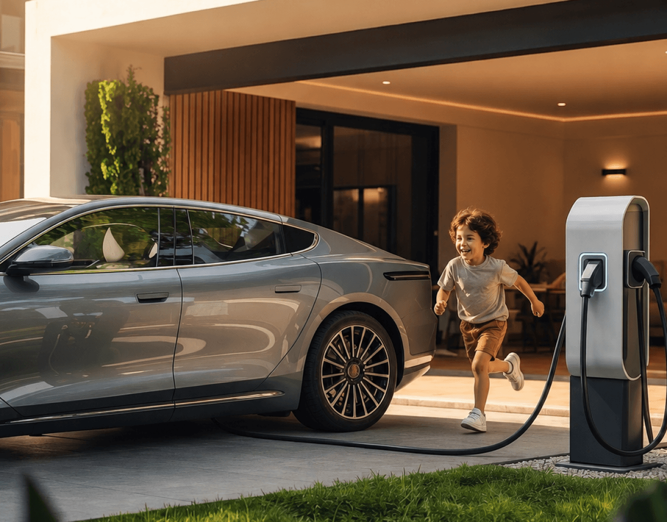 Two EV owners talking beside their parked cars